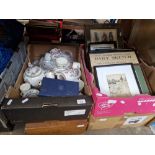 A mixed lot comprising a box of pictures, a watercolour, a canteen of cutlery and a box of pottery