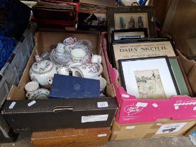 A mixed lot comprising a box of pictures, a watercolour, a canteen of cutlery and a box of pottery
