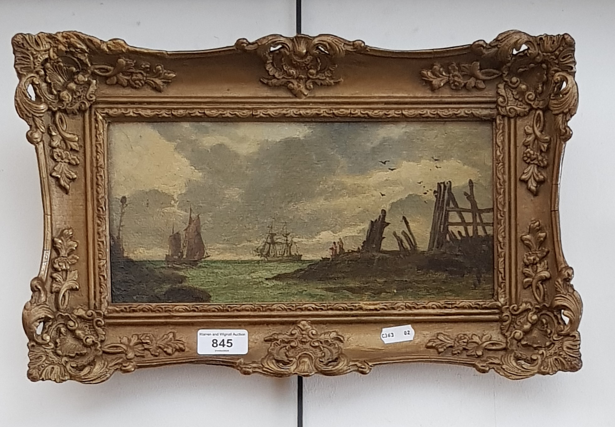 19th century school, oil on board, coastal scene with boats, 29.5cm x 13.5cm, framed, 41.5cm x 26cm.