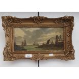 19th century school, oil on board, coastal scene with boats, 29.5cm x 13.5cm, framed, 41.5cm x 26cm.