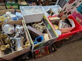 three boxes of assorted metal ware, pottery and glass.