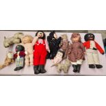 13 vintage dolls and animal soft toys.
