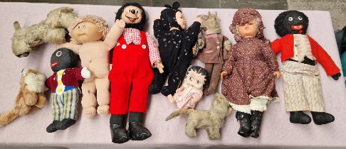 13 vintage dolls and animal soft toys.