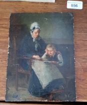19th century school, oil on board, woman and child, 15cm x 20.5cm, signed 'L F' to lower left,