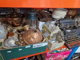 Assorted items including a vintage typewriter, tilley lamps, metalware, carpet sweepers, bed pans
