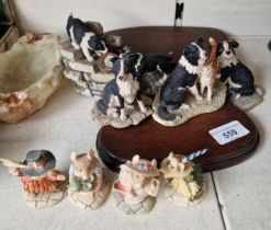 Four Border Fine Arts sheepdog ornaments and four small Bramley Hedge figures