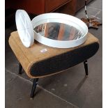 A mix 20th century sewing box/stool together with a dressing table mirror of a similar age.