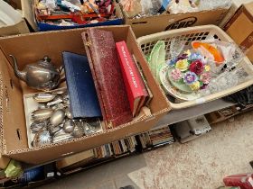 Two boxes of assorted items including a china posie, glass, plates, stamp albums and plated ware.