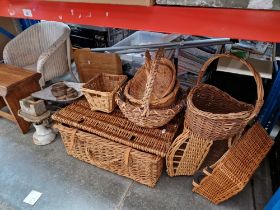 A mixed lot including baskets, a set of scales, a child's wicker chair, stool, hedge trimmer etc.