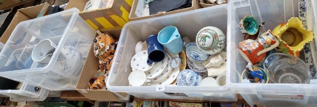 Four boxes of assorted pottery including a 19th century tea set (AF), a Quimper figure, tea sets,