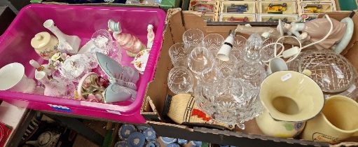 Two boxes of glassware and china inc. Nao lamp base, small Royal Doulton figure etc.