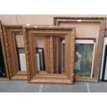 Three gilt picture frames together with four framed prints.