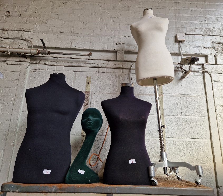 Four mannequins (one with stand, two torsos (1 male) and a head/neck)