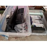 Two boxes of electronics including home PC and gaming accessories, PS2, Wii games, PC games,