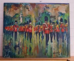 James Lawrence Isherwood (1917-1989), 'Queen's Guards', oil on board, 68cm x 55.5cm, signed to lower