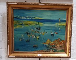 James Lawrence Isherwood (1917-1989), oil on board, harbour scene with boats, 49cm x 39cm, signed to