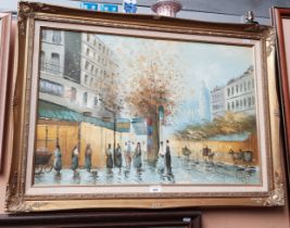 20th century school, Parisian street scene, oil on canvas, 75cm x 49.5cm, signed 'J Logan' to