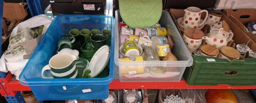 Three boxes of kitchen ware including TE polka dot pattern & Scion Living etc.