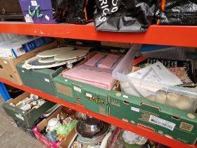 Five boxes of assorted items including sewing machine accessories.