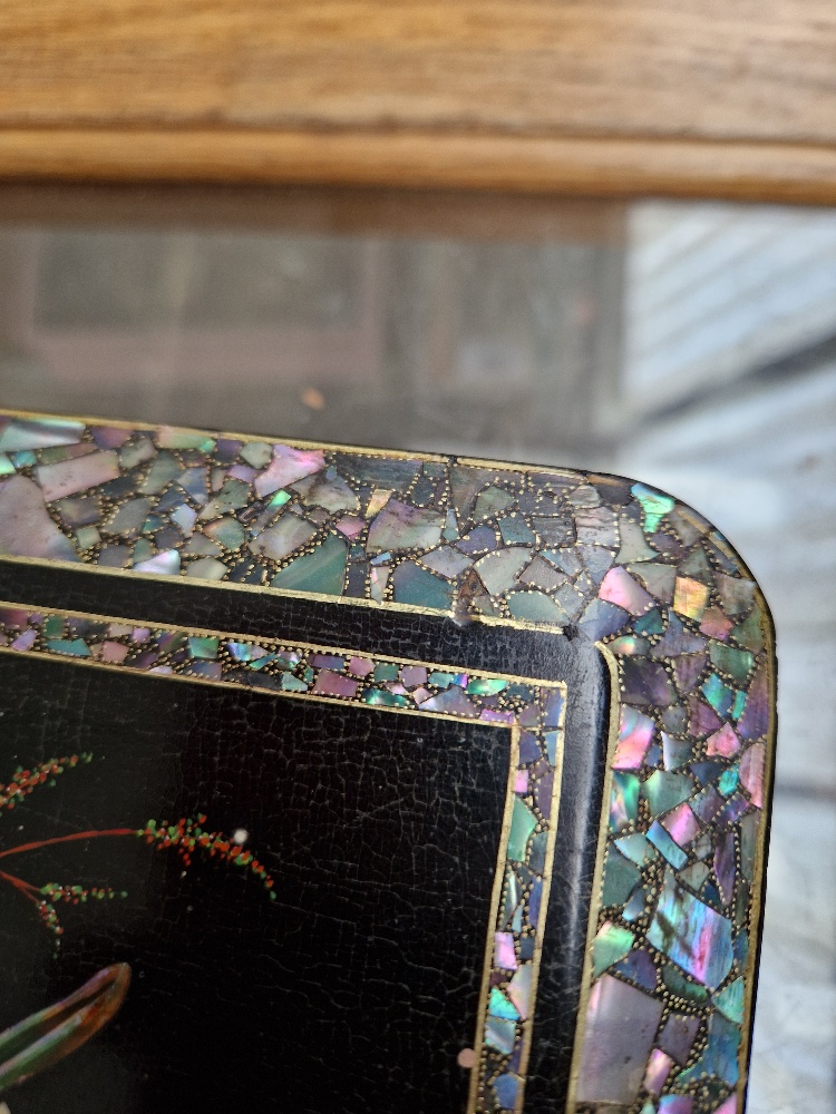 A Victorian black lacquer and mother of pearl inlaid jewellery box with quilted interior and - Image 13 of 19
