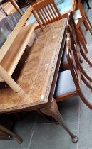 Burr walnut dining table and four chairs. Length 145cm