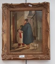 19th century school, oil on board, piper with child and dog, 24cm x 30.5cm, signed 'Sir D Erskine'