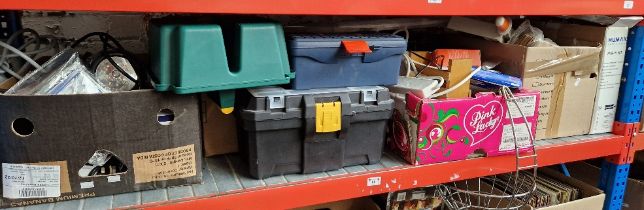 4 boxes of craft and small electrical items, radios, tool boxes, guillotine, Humax digibox etc