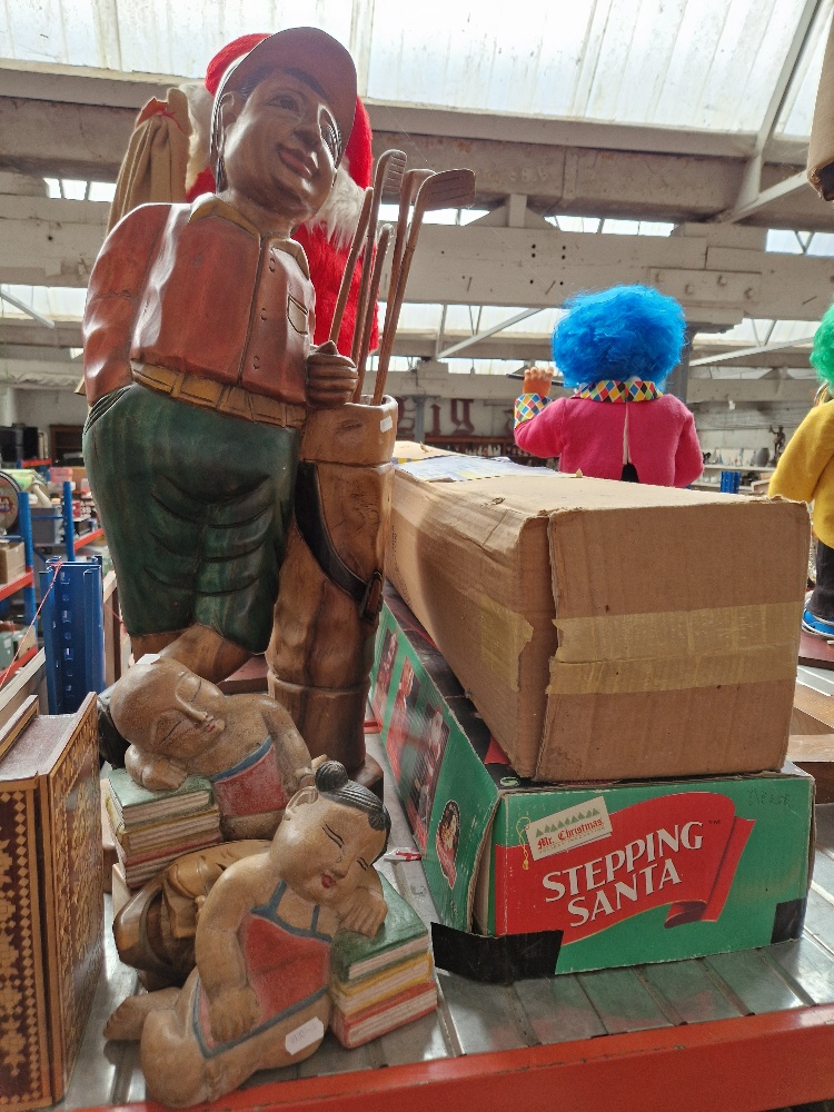 A mixed lot of woodenware including golf figure, inlaid box, etc.