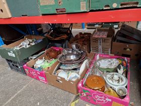 Five boxes of assorted ceramics, glass and metal ware, including novelty teapots etc. etc.