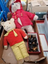 A box containing a large Rupert Bear by Rosie B, A Paddington teddy bear by Gabrielle designs,