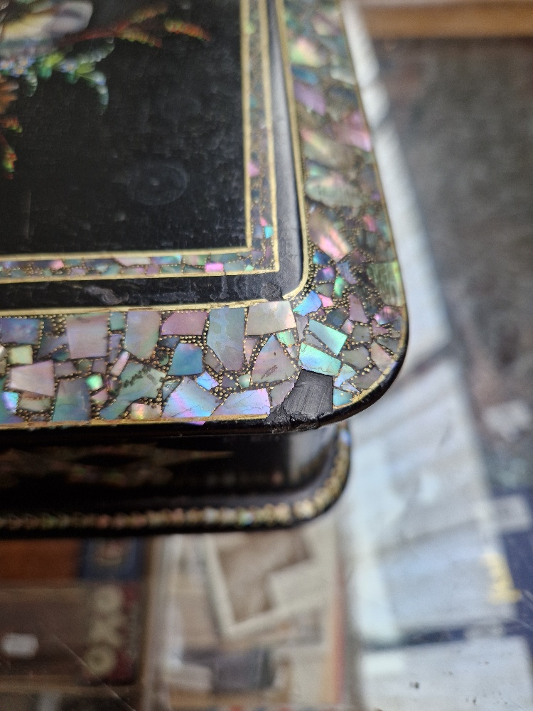 A Victorian black lacquer and mother of pearl inlaid jewellery box with quilted interior and - Image 10 of 19