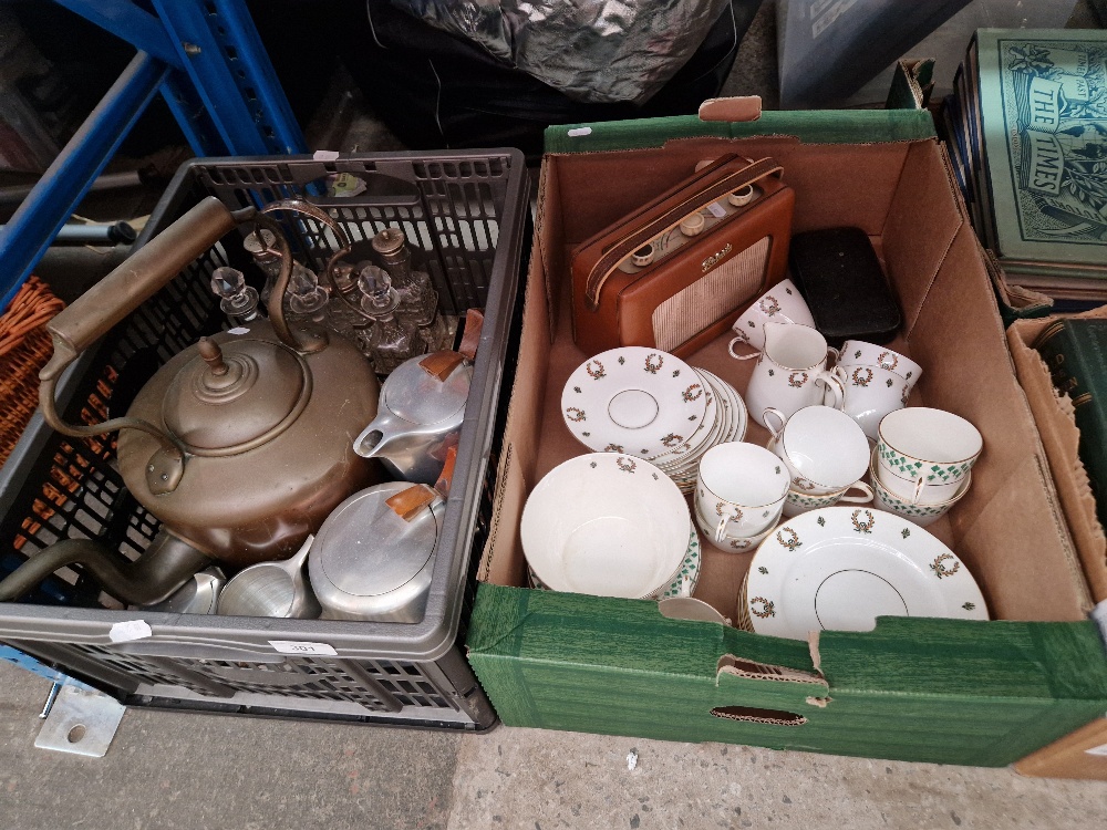 Two boxes of assorted items including a Roberts radio, a tea set, a silver plated cruet and other