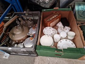 Two boxes of assorted items including a Roberts radio, a tea set, a silver plated cruet and other