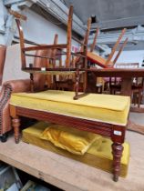 An Edwardian duet piano stool/window seat together with an inlaid chair of a similar age.