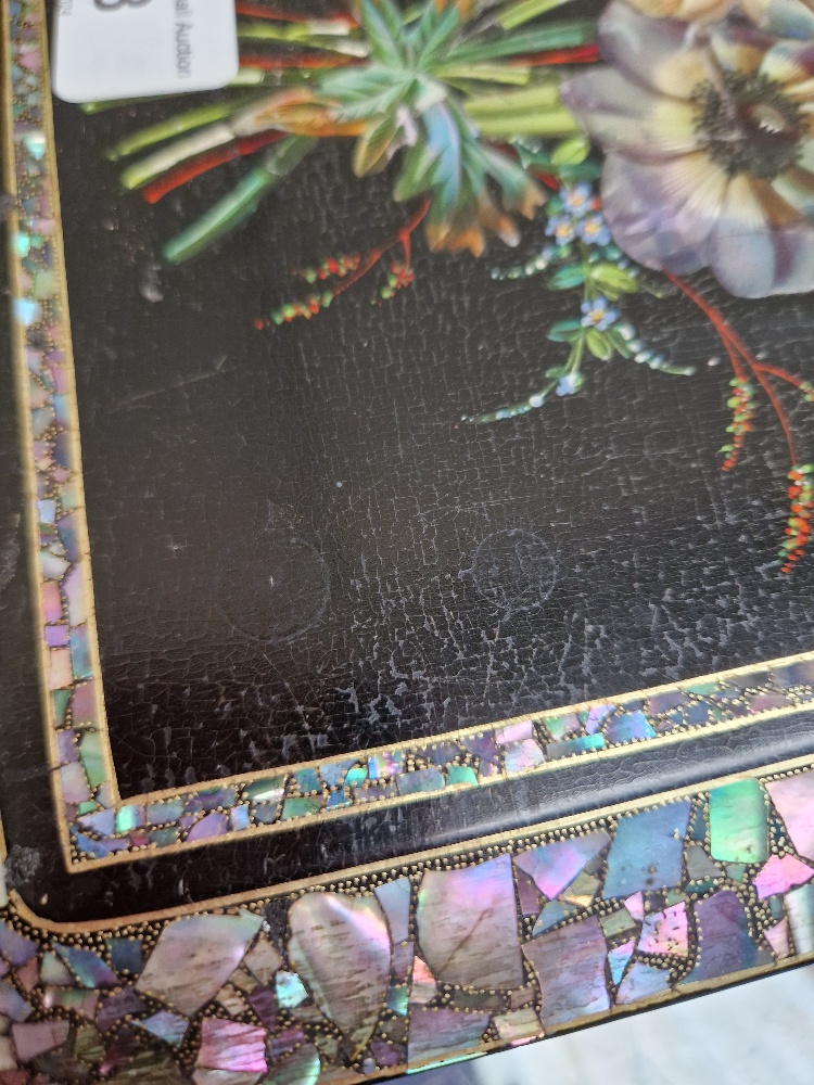 A Victorian black lacquer and mother of pearl inlaid jewellery box with quilted interior and - Image 2 of 19