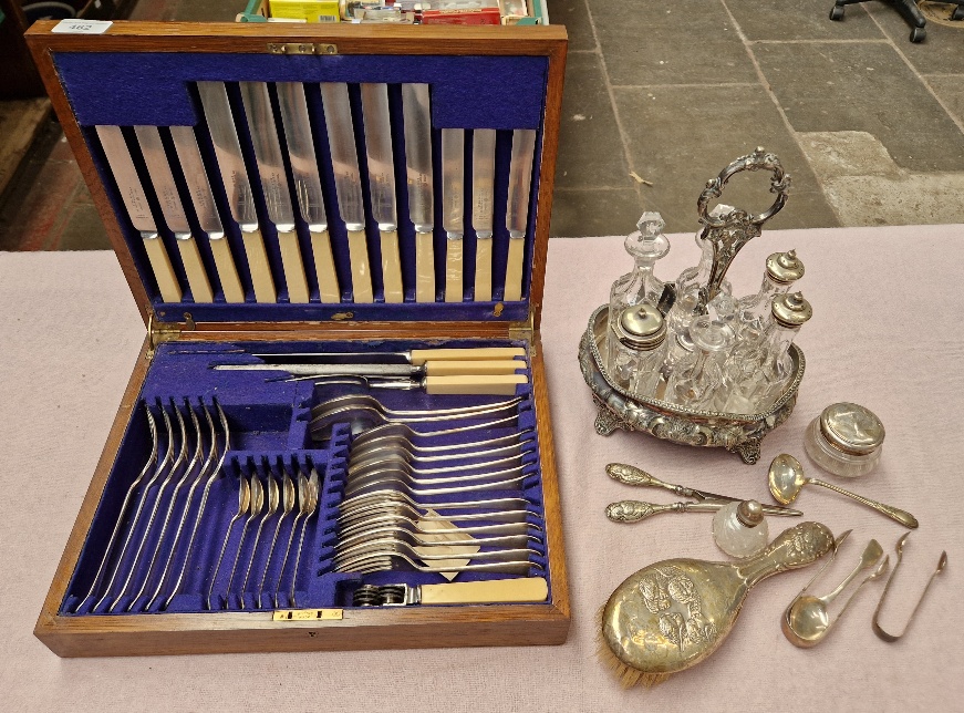 A canteen of silver plated cutlery together with other silver plate and hallmarked silver.