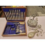 A canteen of silver plated cutlery together with other silver plate and hallmarked silver.