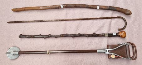 A Blackthorn shillelagh with hallmarked silver collar, 2 walking sticks and a Tirion shooting stick