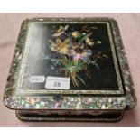 A Victorian black lacquer and mother of pearl inlaid jewellery box with quilted interior and
