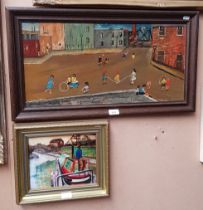 A 20th century school oil on board, 'Children's Games', 59cm x 29cm, signed 'F Colley', together