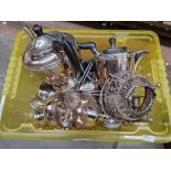 A box of assorted silver plated ware