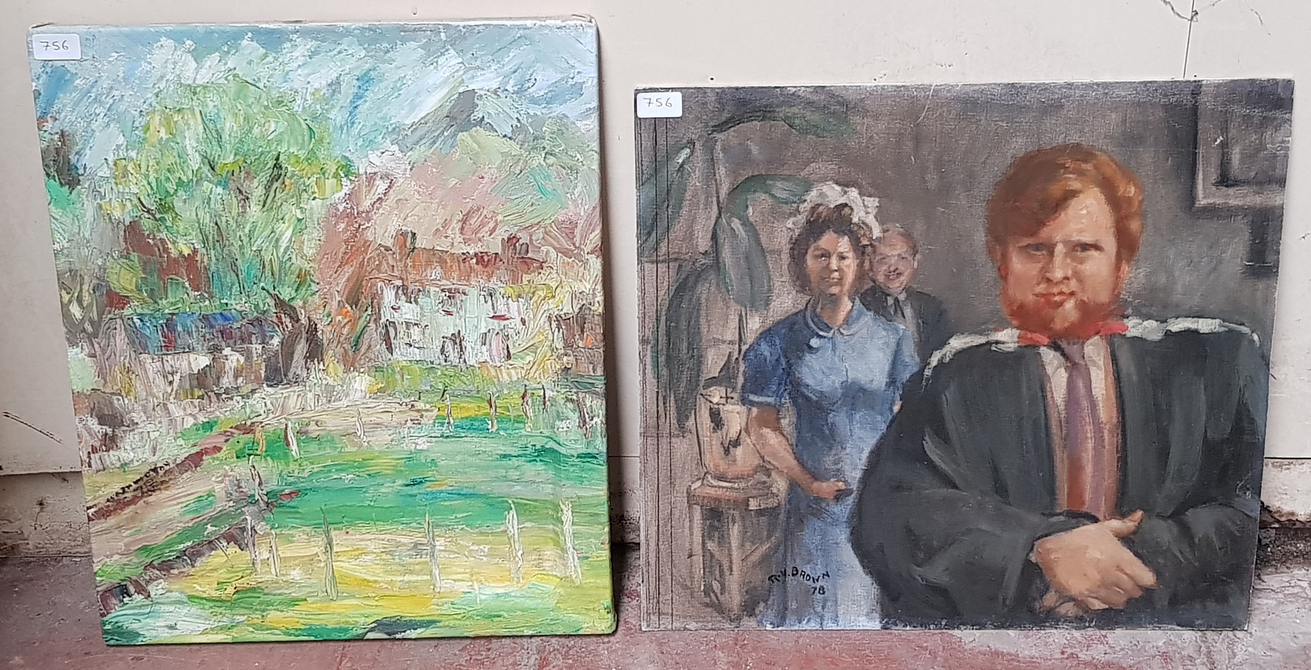 Five 20th century school original works; two oil on canvas, three oil on board including Andrew