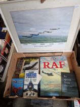 A box of assorted fighter aircraft books & a British military aircraft print