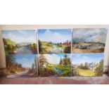 Eight 21st century school original works, oil on canvas, mostly landscape scenes, 40cm x 30cm