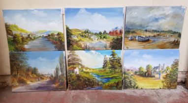 Eight 21st century school original works, oil on canvas, mostly landscape scenes, 40cm x 30cm