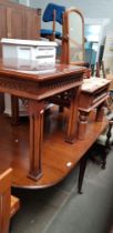 Various items of furniture including oak drop leaf table, hard wood coffee tables, painted side