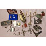 A flat iron, child's shoe last, clogs, hip flasks, AA badge, coal iron, brass stirrups etc