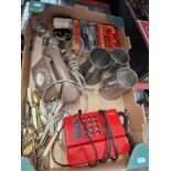 A box of assorted collectables to include pewter tankards, vintage telephones, various Boys Own