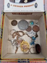 Cigar box and tub of various coins