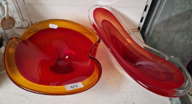 Art glass - two pieces of studio glass, one in graduated red cased in clear glass approx 38cm long